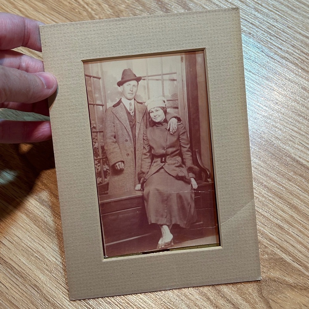 Antique 1919 Wedding Photo Grape Family Sepia Portrait WWI Era Fashion Fedora